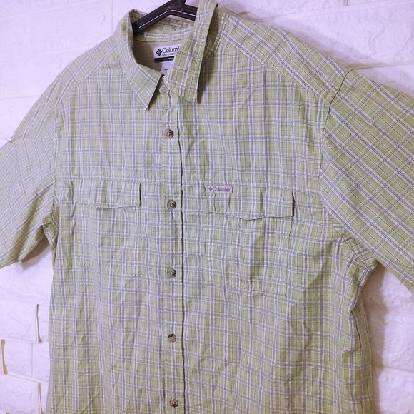 Vintage 90s Columbia Sport PFG Shirt OmniShade -XL Pockets Vented Plaid Green - Picture 4 of 10